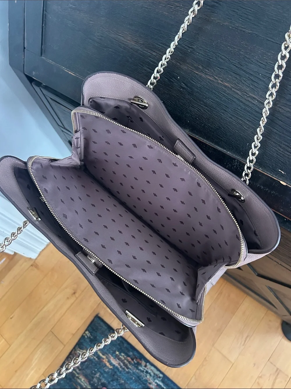 kate spade pebble leather tote in mauve taupe with silver chain